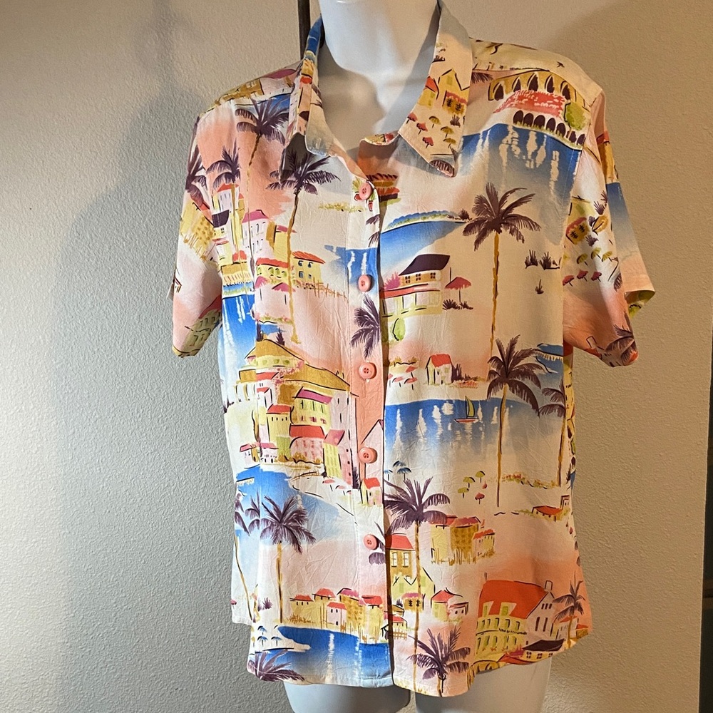 Line Two Coastal Resort Print Button Front Blouse Women’s